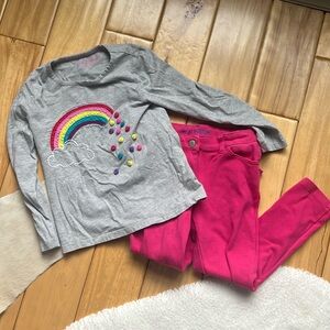 Mini Boden - Sz 6-7 - Grey Pom Pom shirt/pink jeggings set